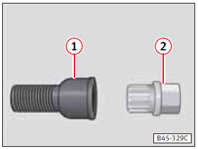 1 – Tornillo de rueda antirrobo 2 – Adaptador de tornillo de rueda.